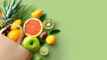 Aufkleber - A paper bag overflowing with fresh, vibrant fruits like pineapple, oranges, grapefruit, kiwi, apple, and lemons, arranged artfully on a pale green background. : Generative AI