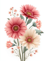 Poster - Elegant bouquet of pink and beige gerbera daisies with delicate wildflowers, arranged artistically on a white background, perfect for floral design projects or greeting cards. : Generative AI
