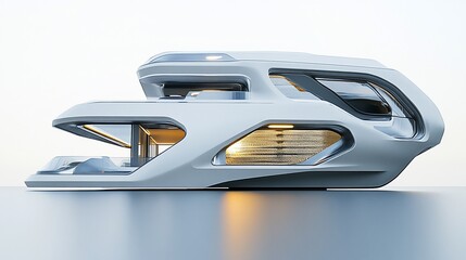 Poster - Futuristic Yacht Design with Smooth Lines and Illuminated Windows Displayed on a Gray Surface