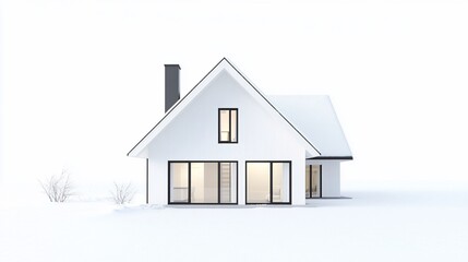 Poster - minimalist white house with black trim and a snow covered roof in a snowy landscape