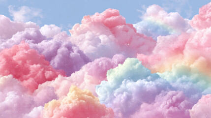 Poster - Pastel Rainbow Cloudscape: A dreamy, whimsical illustration of fluffy, colorful clouds with subtle glitter, perfect for backgrounds or design projects. : Generative AI