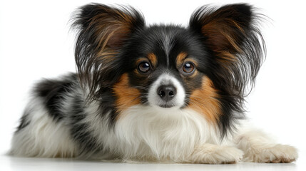Poster - Adorable Papillon dog lying down, looking directly at the camera with big expressive eyes.  The dog's fur is a mix of black, white, and brown, creating a striking contrast. : Generative AI