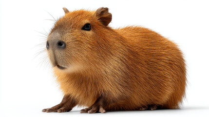 Poster - Adorable Capybara Portrait: A Close-Up of a Young, Reddish-Brown Capybara Sitting Against a White Background, Showing its Soft Fur and Expressive Eyes. : Generative AI