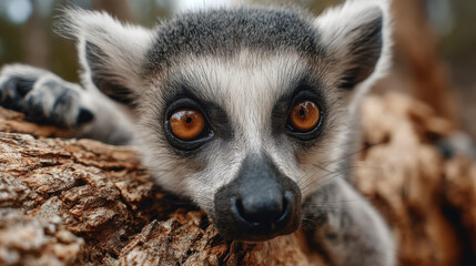 Poster - Close-up portrait of a ring-tailed lemur, its amber eyes captivating, resting on a textured tree trunk in its natural habitat. : Generative AI