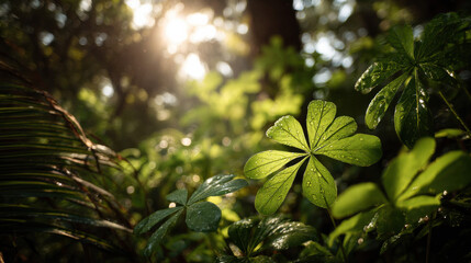 Poster - Sunlit Rainforest Leaf with Dew Drops: Lush Green Foliage in Tropical Sunlight, Vibrant Nature Scene : Generative AI