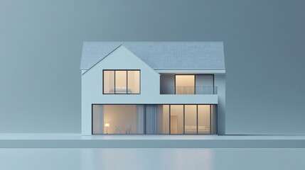 Poster - minimalist two-story house with large windows and interior lights against soft blue background