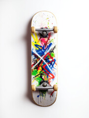 Poster - Colorful graffiti-style skateboard deck, vibrant paint splatters and abstract markings on a white background, viewed from above. : Generative AI
