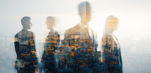 Aufkleber - Silhouetted business team, superimposed over a vibrant cityscape at night, conveying concepts of ambition, collaboration, and urban success. : Generative AI