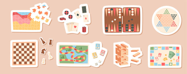 Flat cartoon sticker set with board games. Includes chess, card, jenga, table activities, and puzzle pieces. Fun collection of boardgame entertainment for kids, family leisure, and childhood
