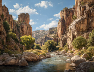 Poster - A serene river flows through a dramatic canyon landscape, sunlight illuminating the rugged rock formations and lush green vegetation along the banks, creating a picturesque scene. : Generative AI