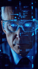 Poster - A man wearing a blue shirt and a blue tie is wearing blue glasses. The glasses have a blue face on them, giving the man a unique and interesting appearance