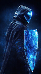 Poster - A blue shield with a man standing behind it. The shield is blue and the man is wearing a black cloak