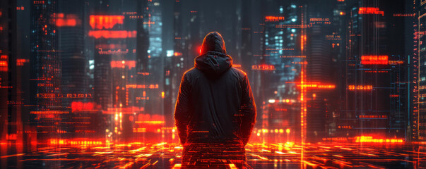 Poster - A man is standing in a city with a hoodie on. The city is lit up with bright lights and the man is looking at the camera. Scene is mysterious and somewhat ominous