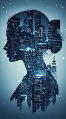 Poster - A woman's face is shown in a cityscape, with the buildings and lights creating a dreamy, surreal atmosphere
