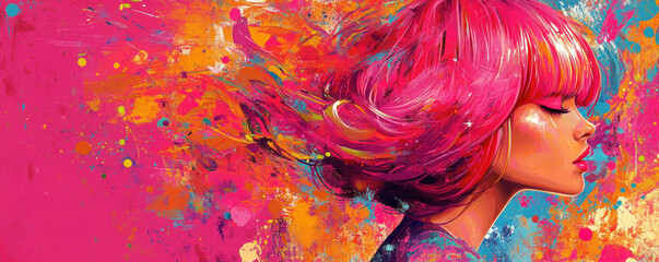 Poster - A woman with pink hair is painted on a pink background. The painting is colorful and vibrant, with a lot of different colors and patterns. The woman's hair is long and flowing