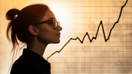 Poster - A woman with glasses is looking at a graph. The graph shows a line that is going up, which could represent a positive trend or growth. The woman's posture and expression suggest that she is focused