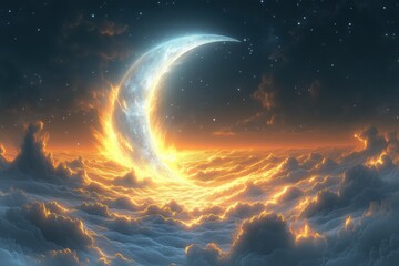 Wall Mural - A glowing moon is in the sky above a field of clouds