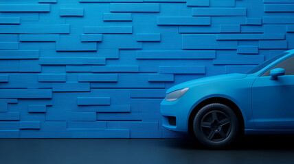 Poster - Closeup view of blue car against textured blue patchwork wall, creating modern aesthetic