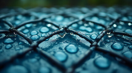Macro shot of water droplets on a dark teal wire mesh, showcasing the intricate details of the water's surface tension and the mesh's texture.  A single drop hangs precariously.