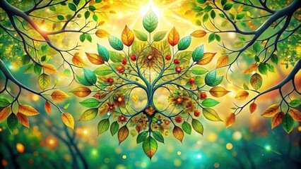 Wall Mural - Vibrant Autumnal Tree of Life Illuminated by Golden Sunlight, Enveloped by Lush Foliage and Glimmering Lights