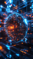 Poster - A computer generated image of a glowing orb with a blue and orange glow. The image is abstract and futuristic in nature