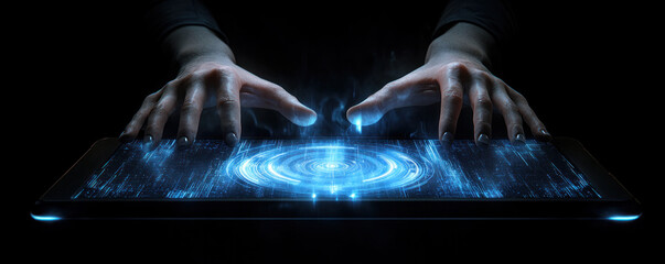 Poster - A person is using a tablet with their hands on it. The tablet is glowing blue and the person's hands are hovering over it. Concept of technology and innovation