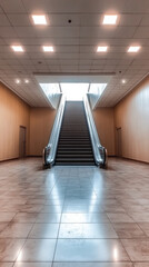 Poster - A long, narrow hallway with a silver escalator in the middle. The escalator is empty and the hallway is dimly lit