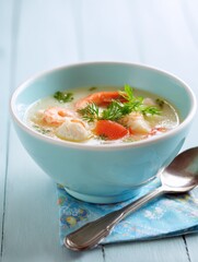 Aufkleber - Delicious Seafood Soup Served in a Blue Bowl With a Ladle on a Pastel Background
