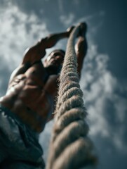 Aufkleber - Muscular Athlete Climbs Rope Against a Bright, Clean Sky Showcasing Determination and Strength in an Outdoor Setting