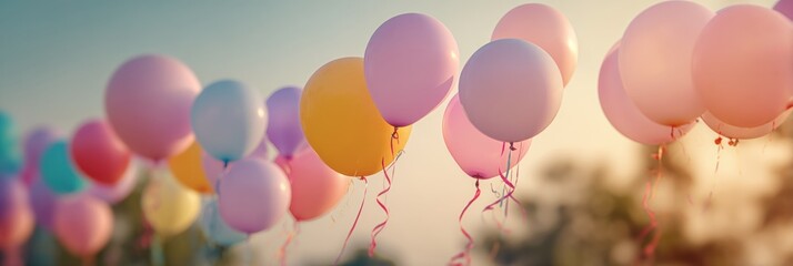 Fototapete - Colorful Balloons Float in the Air During a Festive Outdoor Celebration in Soft Evening Light