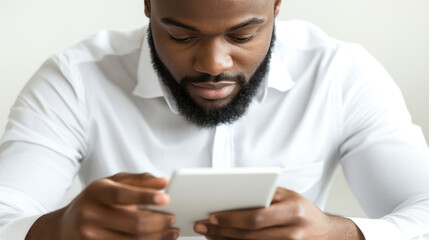 Poster - A man with a beard is looking at a tablet. He is focused on the screen and he is engaged in whatever he is doing