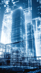 Poster - A city skyline with two tall buildings and a lot of lights. The buildings are blue and the lights are glowing. Scene is futuristic and modern