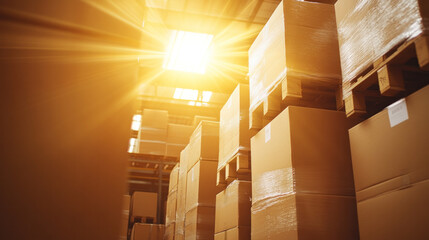 Poster - A warehouse with boxes stacked on top of each other. The boxes are brown and the sun is shining through the windows
