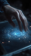 Poster - A hand is touching a blue screen with stars on it. Concept of wonder and curiosity about the universe