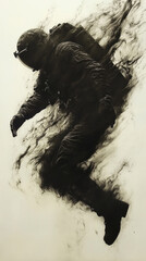 Poster - A man in a spacesuit is jumping in the air. The image is black and white and has a moody, mysterious feel to it