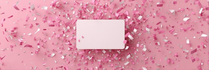 Poster - Festive Display of Pink Confetti Surrounding a Blank Gift Card Mockup on a Vibrant Pink Background Ideal for Celebrations
