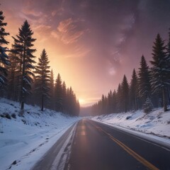 Wall Mural - asphalt road cuts through snowy forest, vibrant sunrise & milky way above , cold, galaxy, path