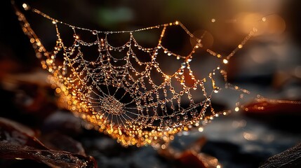 Closeup of dew on spider web in morning light macro nature photography serene environment