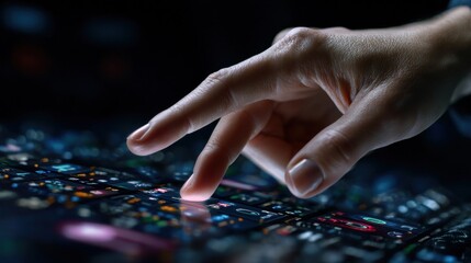 Fototapete - A hand is pointing at a screen with a lot of numbers and symbols