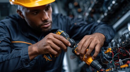 Poster - A man in a yellow hard hat is working on a machine