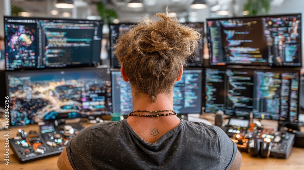 It professional coding in dark mode on multiple monitors in modern ...