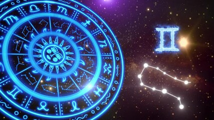 3D animation of the Gemini zodiac sign with astrological symbols next to the zodiac wheel