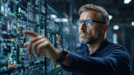 Fototapete - A man is pointing at a computer monitor with a finger
