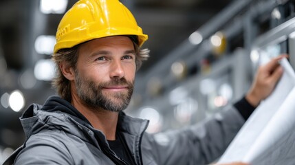 Aufkleber - A man wearing a yellow hard hat is holding a piece of paper
