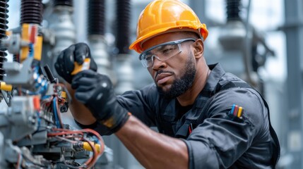 Poster - A man in a yellow hard hat is working on a piece of equipment