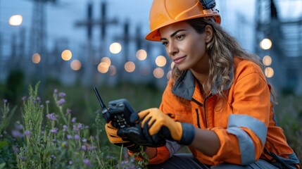 Aufkleber - A woman in an orange jumpsuit is looking at a drone