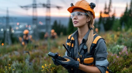 Aufkleber - A woman wearing a hard hat and safety glasses is holding a walkie talkie