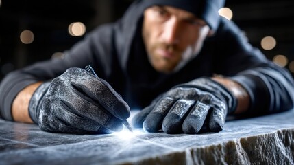 Poster - A man is writing on a stone with a pen