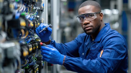 Poster - A man in a blue shirt and blue gloves is working on a machine