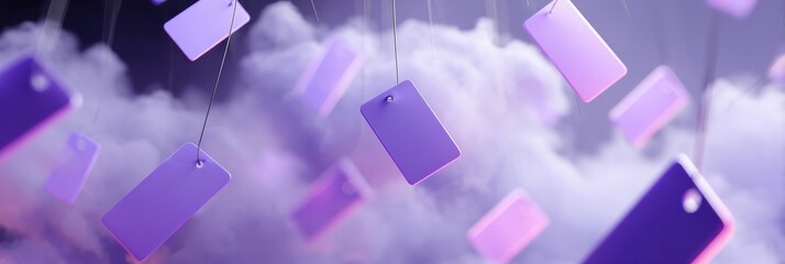 Fototapete - Floating 3D Price Tags Surrounded by Purple Fog Create a Captivating Atmosphere in a Light-Filled Center Area
